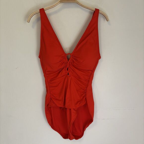 Lauren Ralph‎ Lauren One Piece Bathingsuit Red Plunging Swimsuit Cut-Out 14 - Picture 1 of 7
